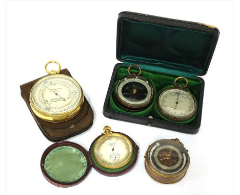Four pocket aneroid barometers, the first Asten's patent No. 2853 1907 No.30 with altimeter and descent/ascent dial, leather 