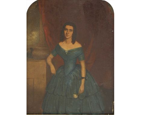 English School, c.1840 PORTRAIT OF ELIZABETH BOX, THREE-QUARTER LENGTH, STANDING, IN A BLUE DRESS; PORTRAIT OF A GENTLEMAN, P