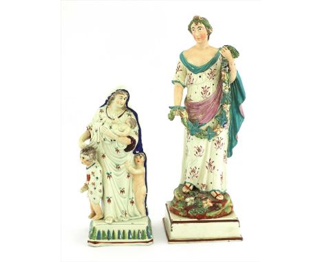 Five creamware figures, late 18th century, a standing lady emblematic of summer, 34cm high a mother and three children, both 
