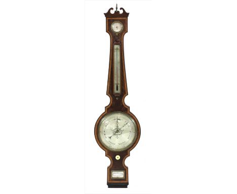 A mahogany wheel barometer , late 19th century, by J Hughes of Oxford, with satinwood crossbanding within ebony and ivory str