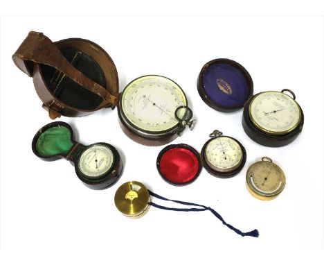 Five pocket aneroid barometers and a surveying hypsometric aneroid, the first by J H Steward Ltd., London, No 5746 in leather