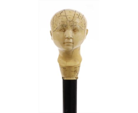 A carved ivory phrenological head walking stick, 19th century, the large head with thirty-seven numbered areas of the brain m