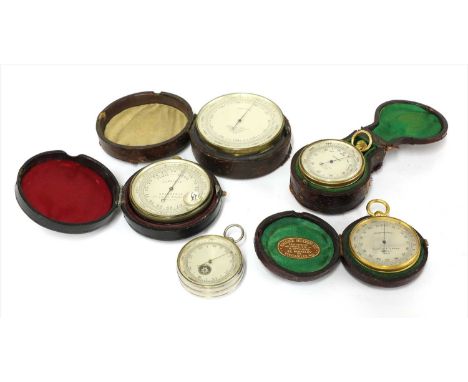 Five pocket aneroid barometer/altimeters, the first a Dollond compendium with compass and thermometer, no. 40140, 0-8000, in 