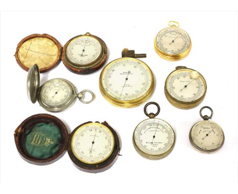 Seven pocket aneroid barometer/ altimeters and a motorist's altimeter, the first by E R Watts &amp; Son, London, No.1044 (lar