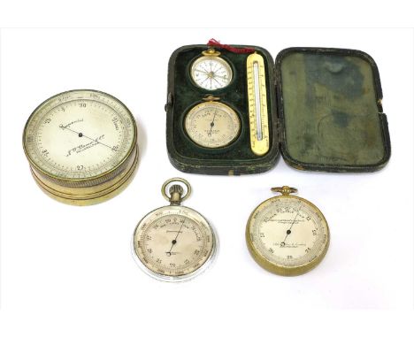 Four pocket aneroid barometers, the first a traveller's compendium matched compass, ivory thermometer, barometer by Husbands 