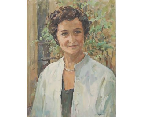 *Susan Ryder (b.1944) PORTRAIT OF NANCY MITFORD (1904-1973), BUST LENGTH, IN A GARDEN Signed l.r., oil on canvas 51 x 38cm *A