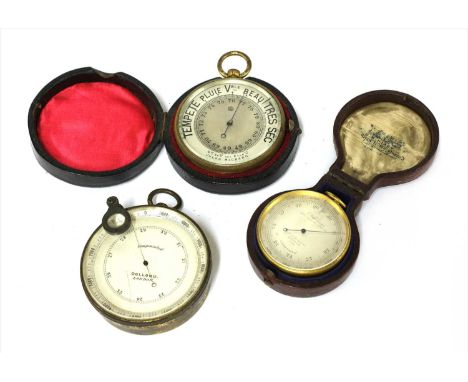 Three pocket aneroid barometers, the first by C W Dixey, 'Optician to the Queen', leather case, the second by Dollond with ma