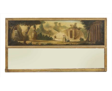 An overmantel mirror, late 19th century, surmounted with a painted panel depicting ladies promenading in a classical landscap