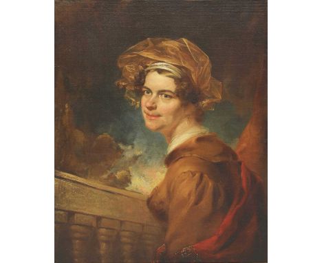 English School, c.1830 PORTRAIT OF A LADY OF THE POTTINGER FAMILY, HALF LENGTH, IN A BROWN COAT AND HAT AND RED SHAWL Oil on 