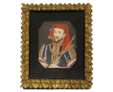 Circle of Henry Bone (1755-1834) PORTRAIT OF KING HENRY IV OF ENGLAND (1367-1413), HALF LENGTH, HOLDING A SCEPTRE AND PINK RO