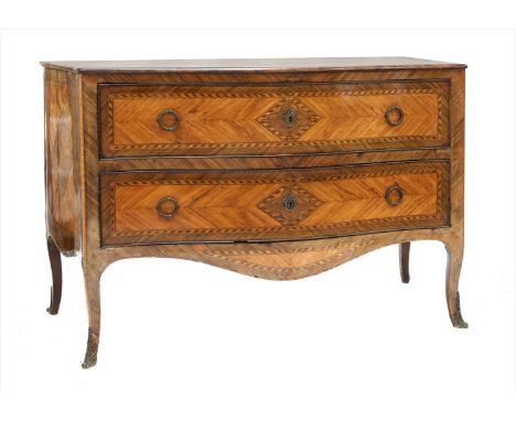 A Continental tulipwood and inlaid serpentine commode, 18th century, of two long drawers with leaf chased ormolu handles, on 
