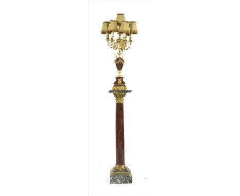 A four-branch five-light electrolier on a similar turned column , early 20th century, red variegated marble with gilt metal m