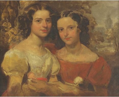 English School, c.1830 PORTRAIT OF TWO SISTERS OF THE POTTINGER FAMILY, HALF LENGTH, IN A WOODED LANDSCAPE Oil on canvas 60 x