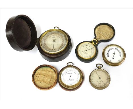 Five pocket aneroid barometers, the first anonymous, possibly for dashboard or compendium, the second by F Darton &amp; Co. S