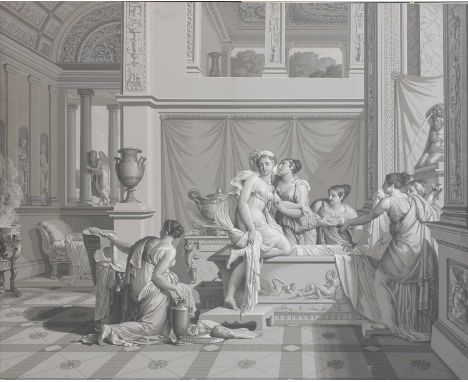 A printed Zuber wallpaper panel, c.1990, depicting a classical interior scene with a bathing woman and her attendants, laid o