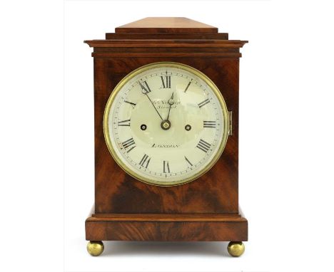 A mahogany mantel clock, by William Yonge, Strand, London, the silvered dial, with black Roman numerals, the movement strikin