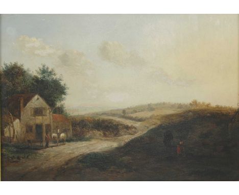 Patrick Nasmyth (1787-1831) AN EXTENSIVE OPEN LANDSCAPE WITH FIGURES BY AN INN IN THE FOREGROUND Signed l.r., oil on panel 35