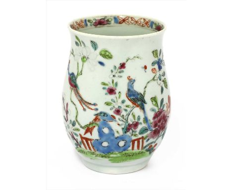 An English porcelain mug , c.1760-1770, possibly Worcester, of bell shape with an 'S' scroll handle, painted in enamels with 