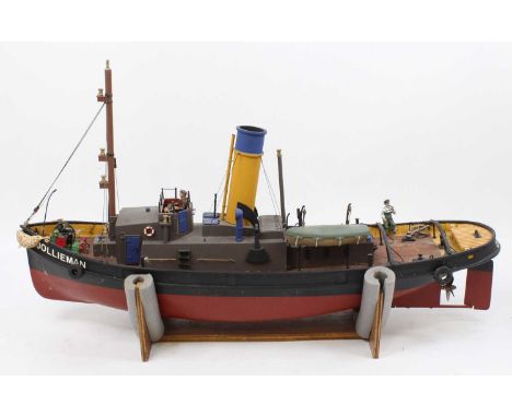 Kit built radio controlled model of a Hollieman Tug Boat, comprising GRP hull with wooden superstructure, complete with Futub