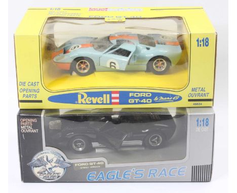 A Universal Hobbies 1/18th scale Ford GT-40 Street Version in black, together with a Revell 1/18th scale Ford GT-40 Le Mans 1