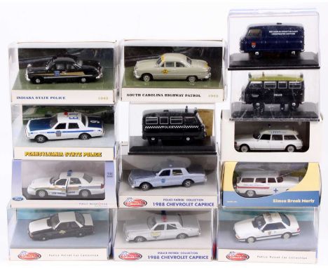 A collection of mixed 1/43rd scale emergency vehicles, with examples including a First Response Replica Ford Crown Victoria P