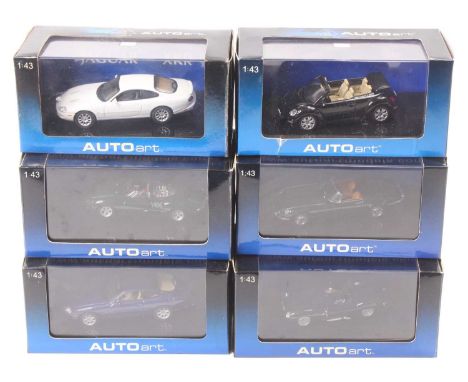 Auto Art 1/43rd scale diecast group of 6, with examples including an E Type Jaguar, a Jaguar D-Type (short nose), a VW Beetle