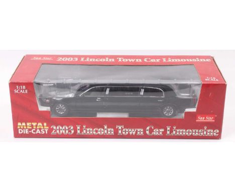 A Sunstar No. 4202 1/18 scale model of a 2003 Lincoln Town Car Limousine finished in black and housed in the original window 