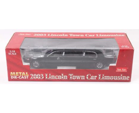 A Sunstar No. 4202 1/18 scale model of a 2003 Lincoln Town Car Limousine finished in black and housed in the original window 