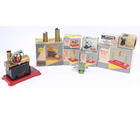 One tray containing a collection of mixed Mamod, SEL and similar, live steam engines and lineshaft accessories including ME1 