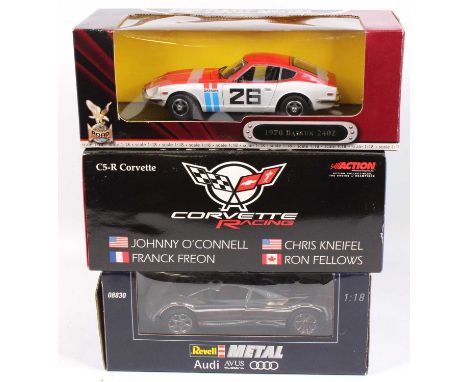 3 mixed 1/18th scale diecasts comprising a Road Signature Deluxe Edition 1970 Datsun 240Z, a Revell Audi Avus Quattro with a 