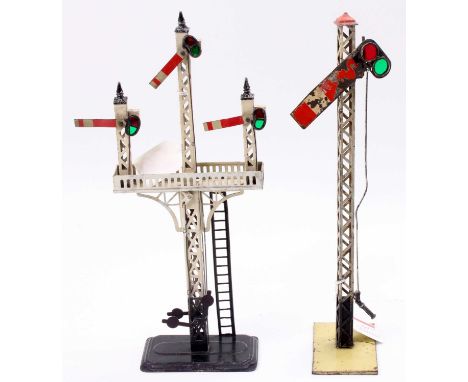 Two Gauge 1 semaphore signals: Bing 3-way junction signal, all home, lattice posts &amp; bridge, small amount of repainting, 
