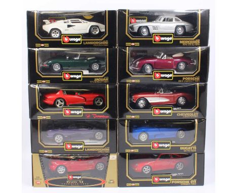 10 various Burago 1/18th scale diecasts, with examples including a Porsche 356B Cabriolet 1961, a Bugatti EB110 1991, a Merce