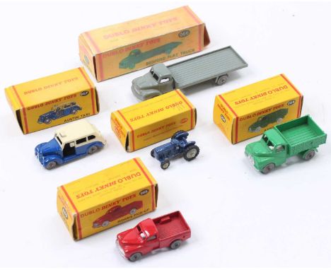 Five Dublo Dinky Toys: 065 Morris Pick-up , smooth grey wheels (NM)(BVG); 064 Austin Lorry, smooth grey wheels (NM) (BE); 067