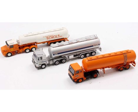 A collection of three various ASAM or similar 1/48 scale white metal and resin kit built tractor unit and tanker trailer grou