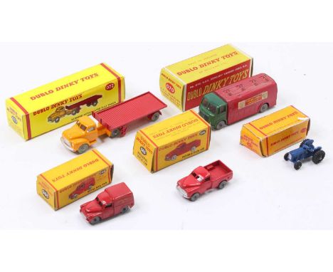 Five Dublo Dinky Toys: 072 Bedford Articulated flat truck, smooth grey wheels (NM) (reproBG); 070 AEC Mercury tanker with win