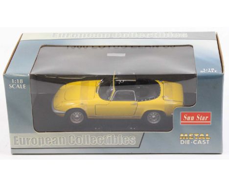 A Sun Star 1/18th scale No. 4052 Lotus Elan S3 1966 Convertible in yellow, sold in its original window style box (M-BM)