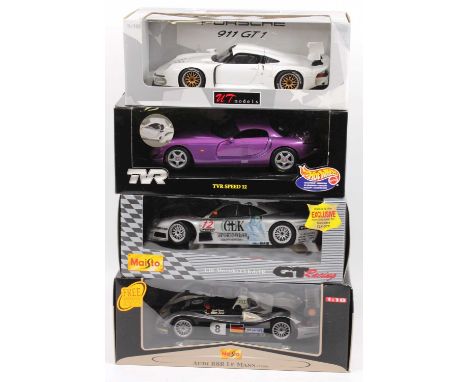 4 various 1/18th scale diecast models, comprising a UT Models Porsche 911 GT1, a Hot Wheels TVR Speed 12, a Maisto Mercedes C