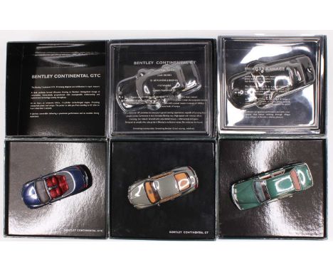 A Minichamps 1/43 scale Bentley diecast group to include a Bentley Arnage R, a Continental GT, and a Bentley Continental GTC,