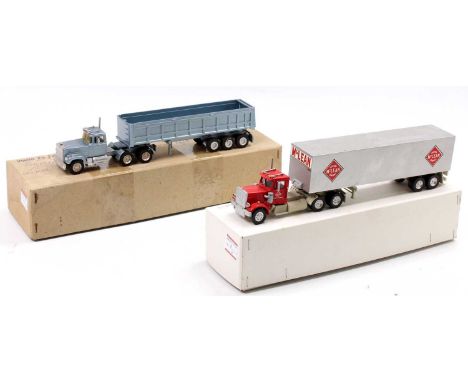 An ASAM or similar 1/48 scale white metal American handbuilt truck and trailer group to include a Peterbilt McLean Trucking C