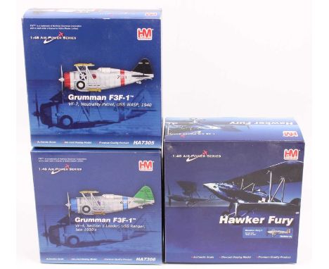 A Hobbymaster 1/48 scale boxed diecast aircraft group to include a No. HA8001B Hawker Fury 1, a No. HA7306 Grumman F3F-1 toge