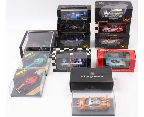 One tray containing a collection of mixed 1/43 scale racing diecasts to include HPI Racing, Onyx, Minichamps, and others, spe