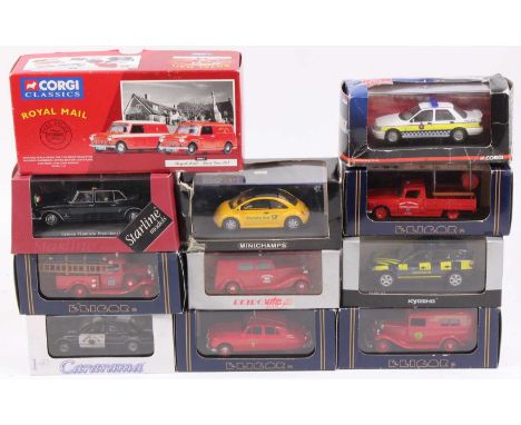 One tray containing a collection of mixed 1/43 scale emergency services miniatures to include Corgi Classics, Eligor, Carrara