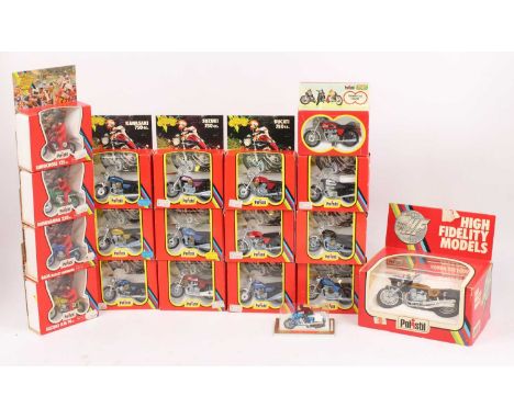 A collection of 17 boxed Polistil 1/24th scale motorcycles, with examples including a Triumph 750cc Trident, a Norton 750cc C