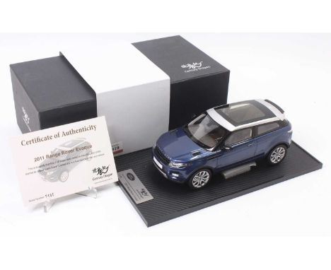 A Century Dragon 1/18 scale model of a resin 2011 Range Rover Evoque, finished in metallic blue, and housed in the original f