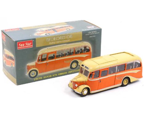 A Sunstar limited edition 1/24 scale diecast model of a Bedford OB yellow way motor service coach, finished in cream and oran