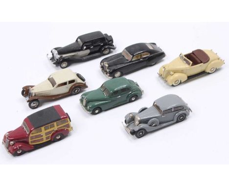 One tray containing seven various white metal and resin factory and kit built models to include a K&amp;R Replicas by Colin F