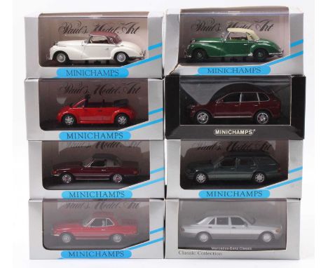 Minichamps 1/43rd scale group of 8 diecasts with examples including a Mercedes 350 SL, a Mercedes 300 S cabriolet soft top, a