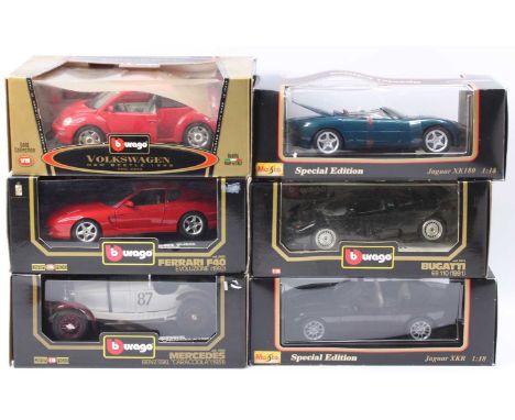 One box containing six various boxed 1/18 scale Bburago diecast vehicles including a Mercedes Benz SLK-L Caracciola, the Gold