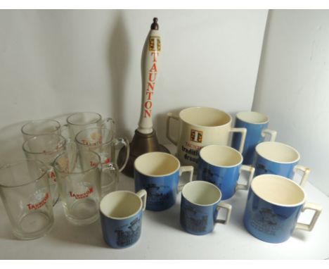 TAUNTON CIDER - a ceramic bar pull on brass base; a quart two handled mug; various blue pint and half pint mugs with black pr