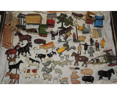 BRITAINS & others - a good selection of painted lead farm animals, figures and accessories including pigs, sheep, cattle, hor